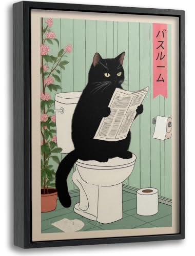 Funny Black Cat Bathroom Wall Art, Cute Cat Reading Newspaper on Toilet Framed Canvas Wall Decor, Japanese Style Print for Bathroom, Restroom, Toilet, 8x10 Inch - color: Cat C, size: 10"L x 8"W