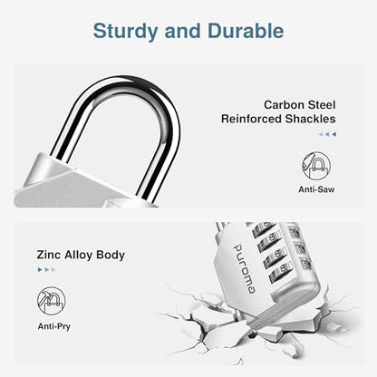 Puroma 1 Pack Combination Lock Locker 4 Digits Combo Padlock Gym Silver | For School Gate Fence Toolbox Hasp Storage, Outdoor, Resettable, Weatherproof, Side Window, Crack Cut Resist, Hardened Steel - color: Silver