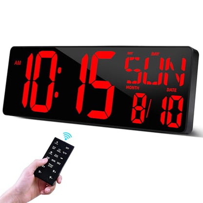 16.5 Digital Wall Clock Large Display, LED Wall Clock with Date and Temperature,Count Up/Down Timer Clock with Remote Control, Adjustable Brightness Alarm Clock for Home, Office, Gym, Elderly - color: 17''-red-remote