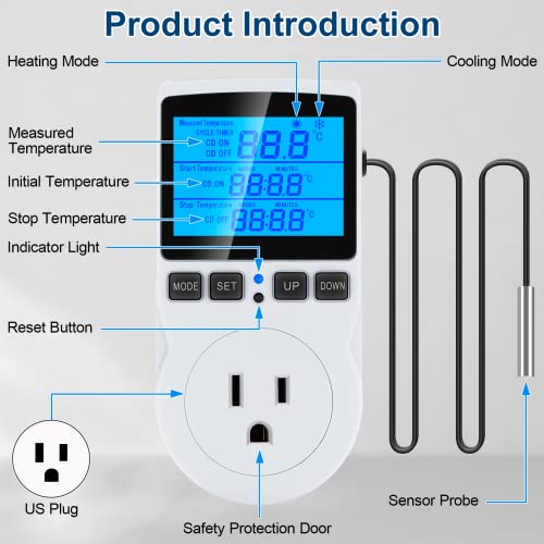 Digital Temperature Controller Thermostat Timer - Reptile Thermostat Controller Day Night Timer 1800W 120V 15A Temperature Controlled Outlet Plug Heating Cooling Control with Sensor （TC816） - style: TC816