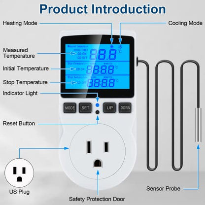 Digital Temperature Controller Thermostat Timer - Reptile Thermostat Controller Day Night Timer 1800W 120V 15A Temperature Controlled Outlet Plug Heating Cooling Control with Sensor （TC816） - style: TC816