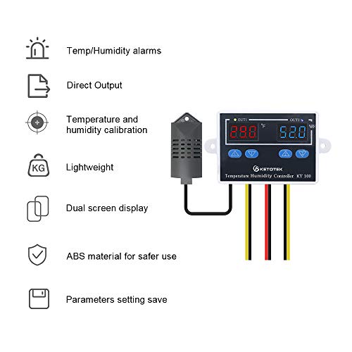 KT100 Humidity Temperature Controller 120V Thermostat Humidistat Control | 10A Direct Output with 1.5m Temperature Humidity Sensor 10~99%RH, -58~176°F