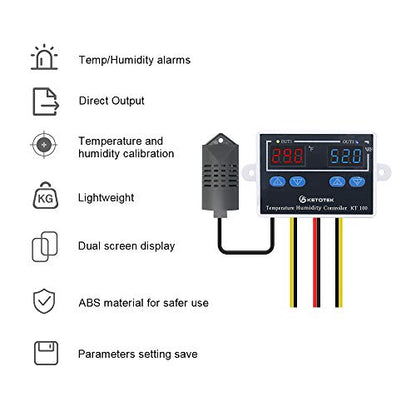 KT100 Humidity Temperature Controller 120V Thermostat Humidistat Control | 10A Direct Output with 1.5m Temperature Humidity Sensor 10~99%RH, -58~176°F