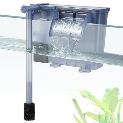 5W Hang-on Aquarium Filter, 124GPH Quiet Fish Tank Filter with Filter Sponge and Activated Carbon, Adjustable Waterfall Filter for 10-25 Gallon Fish Tank