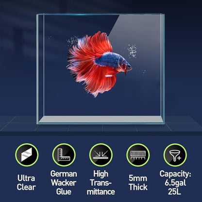 LAQUAL 6.5 Gallon Ultra Clear Glass Fish Tank, Rimless Low Iron Aquarium for Betta/Nano/Goldfish/Snail/Shrimp, Fish Tank & Cover Set & Feeding Ring & Cleaning Tools - color: 6.5 Gal