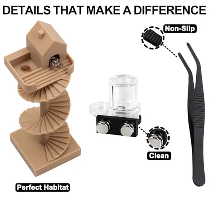 3Pcs Jumping Spider Enclosure Accessories Mini Spider House with Spiral Stair Feeding Dish Water Dispenser and Feeding Tongs Jumping Spider Hide Decor for Spider Enclosure Terrarium Habitat Kit