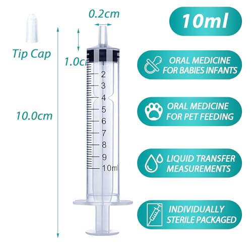 10ml Syringe for Liquid, Oral, Scientific Labs, Measurement, Dispensing, with Cap- 3 Pack - style: 10 ml