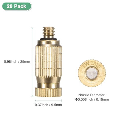 M METERXITY 20-Pack Brass Misting Nozzles, 0.006"/0.15mm Orifice Mister Nozzles Brass, High Pressure Spray Misting Nozzle Head for Outdoor Cooling System/Greenhouse/Landscaping [10/24 UNC] - size: 0.15mm
