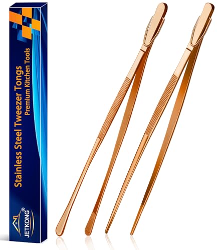 JETKONG 2 Pcs 12-Inch Kitchen Tweezers Cooking Tweezer Tongs Stainless Steel Long Food Tweezers (Rose Gold) - color: Rose Gold, size: 12+12 Inch