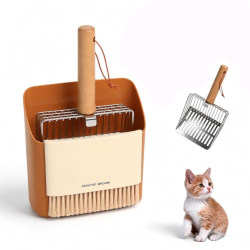 Cat Litter Scoop with Holder, Heavy Duty Stainless Steel Kitty Scooper | with Coarse and Fine Mesh, Includes Broom and Dustpan Set, Quick Sift and Easy Clean, Orange - color: Orange