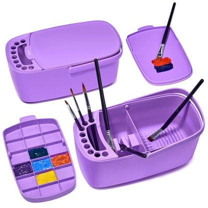 GAMENOTE Paint Brush Cleaner, Paint Brush Holder and Palette, Purple | All-in-one painting station washes and rests brushes, mixes colors, and stores paint in 18 wells with a portable handle. - color: Purple