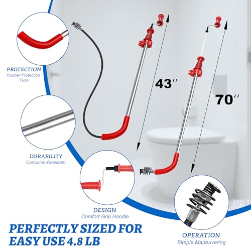 6 Ft Toilet Auger Snake for Unclogging Toilets K-6P 56658 | Heavy Duty Toilet Snake with Bulb Head, Scratch-Free Silicone Protection, Manual Drain Cleaner for Home Bathroom