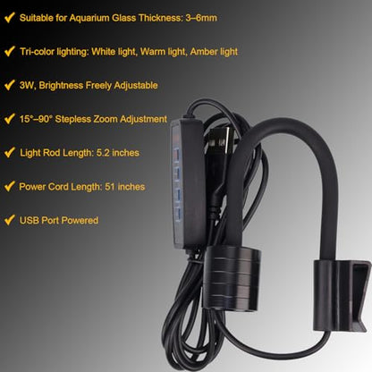 Mini Aquarium Spotlight, Clip-On Gooseneck Lamp, 15°-90° Zoom | Tri-Color White/Warm White/Warm Light, Dimmable 3W USB, 5.2 In Gooseneck, Fits Glass Up To 8mm - color: Black - NO Timer