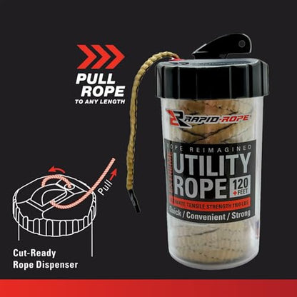 Rapid Rope Canister, 120ft Tan Tactical Paracord, 1100lb Test, USA Made | Heavy Duty Poly Rope Test Cord, Non-Tangle Dispenser Included, For Hiking, Camping, Survival, Utility, Stocking Stuffer, Gift - size: 120ft, style: Tan