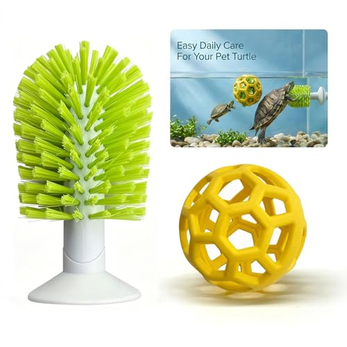 Turtle Cleaning & Feeding Kit: 2 Pcs Shell Scrubber Brush with Suction Cup and Interactive Feeder Ball for Aquatic Turtles and Tortoises