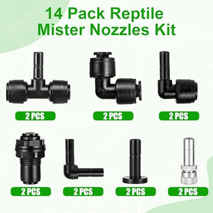 14 Pack Single-Head 1/4 Reptile Mister Nozzles Kit,Reptile Misting | 1/4"Reptile Misting System Fittings,360 Degree Adjustable Misting Spray Nozzles for Aquarium,Vivarium,Plants, Amphibians - size: Single-Head*2