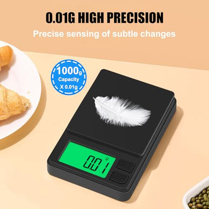 Digital Pocket Scale 1000g x 0.01g, Diyife Portable Precision Gram Scale | Jewelry Scale with Protective Cover, Auto-Off, Backlit LCD, 7 Units Tare, for Food, Kitchen, Coffee, Battery Included - color: Black