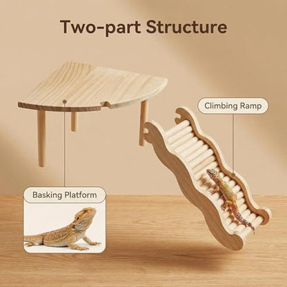 2-in-1 Fan-Shaped Wooden Basking Platform with Anti-Slip Ramp and Hideout, Easy Assembly Terrarium Accessories for Bearded Dragon, Leopard Gecko, Small Reptiles & Amphibians (Natural Wood Tone)