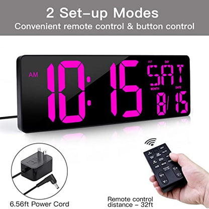 XREXS 17.2 Inch Large Digital Wall Clock with Remote Control | LED Large Display Count Up & Down Timer, Adjustable Brightness Alarm Clock with Day/Date/Temperature for Home, Office, Gym - color: Purple