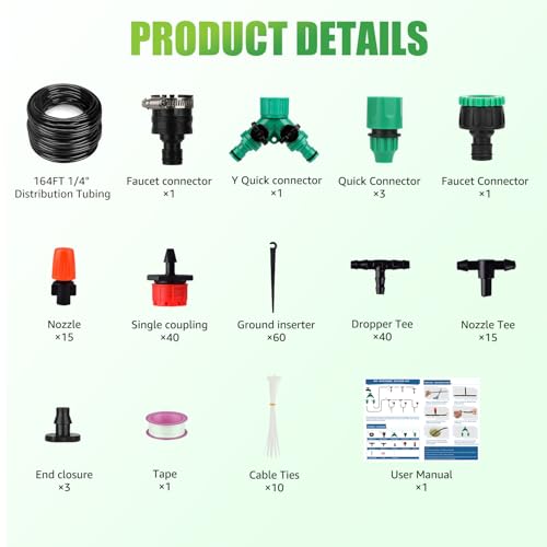 164FT Drip Irrigation System, 192Pcs Automatic Garden Watering System with Adjustable Misting Nozzle Sprinkler, 1/4 inch Blank Distribution Tubing Watering Drip Kit for Greenhouse, Patio, Lawn (164FT)