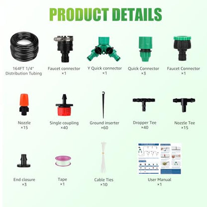 164FT Drip Irrigation System, 192Pcs Automatic Garden Watering System with Adjustable Misting Nozzle Sprinkler, 1/4 inch Blank Distribution Tubing Watering Drip Kit for Greenhouse, Patio, Lawn (164FT)