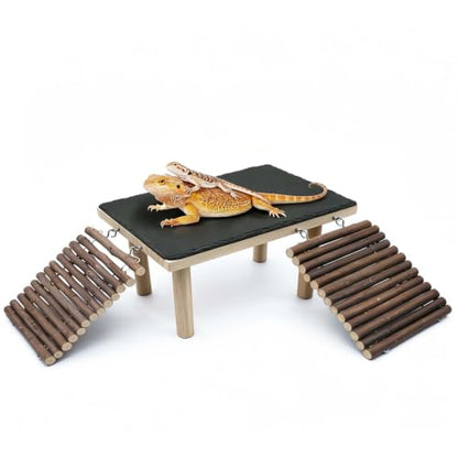 Bearded Dragon Basking Platform with Climbing Ramp,Reptile Basking Rock,XL | Wooden Lizard Resting Platform Basking Rock Slate,Leopard Gecko Hide Cave Tank Accessories for Tortoise Snake - size: XL: 13.78"x 7.87"x 4.56"