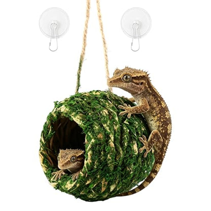 Handmade Natural Moss Hide for Reptiles & Amphibians, 12cm Square Humidity-Retaining Shelter with Non-Marking Suction Hooks, Ideal for Crested Geckos, Hermit Crabs(Green)