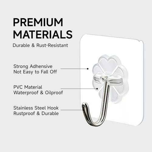 16 Pack Crystal Clear Adhesive Hooks for Hanging, Heavy Duty 22lb | Sticky Hooks, Invisible Clear Wall Hooks No Drill No Damage, Waterproof Shower Hooks for Bathroom Kitchen Towel Keys