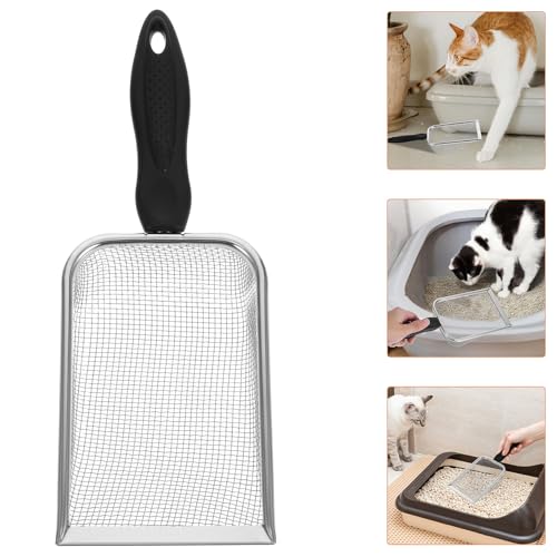 VANZACK Metal Cat Litter Scoop with Plastic Handle, Stainless Steel Mesh Sand Waste Shovel 2.8x2.8mm for Reptile Terrarium and Cat Litter Box Cleaning