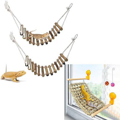 VCEPJH Reptile Bridge for Terrarium 2 Pack Wooden Bearded Dragon Climbing Ladder and Hammock Large Reptile Window Perch Seagrass Climbing for Bearded Dragon Chameleon Gecko Lizard