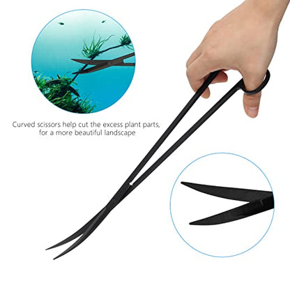 15" Aquarium Aquascape Tools Kit 4P Stainless Steel Aquascaping Set | 4in1 Extra Long Full Metal Design, Scissors, 2P Tweezers And Sand Spatula, For Trimming Plants, Arranging Sand And Aquascape - color: Black