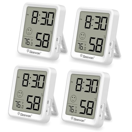 Geevon 4Pack Mini Indoor Thermometer Hygrometer with Comfort Indicator, Room Temperature & Humidity Monitor with Time Display, °C/°F & 12/24H - size: 4 pack, style: 256360