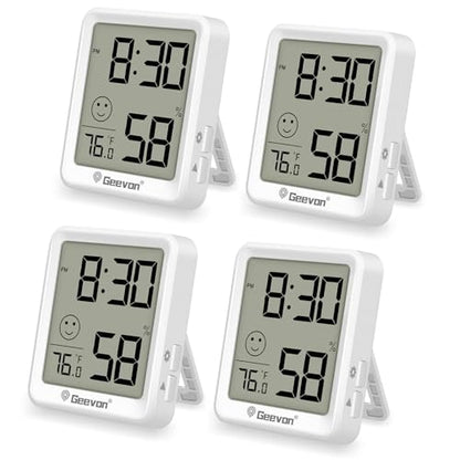 Geevon 4Pack Mini Indoor Thermometer Hygrometer with Comfort Indicator, Room Temperature & Humidity Monitor with Time Display, °C/°F & 12/24H - size: 4 pack, style: 256360