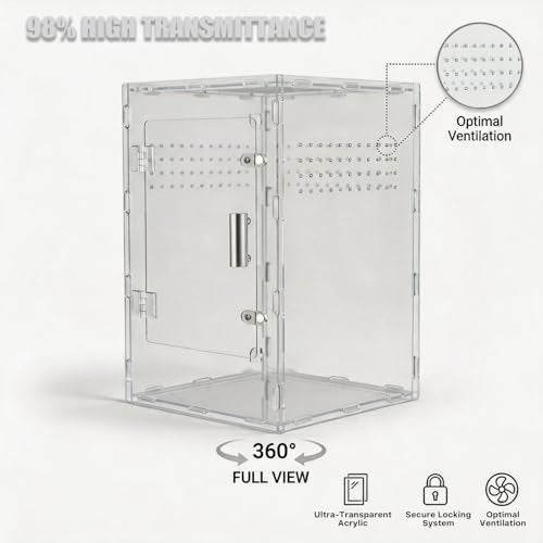 8x8x12 Acrylic Reptile Enclosure - Clear Terrarium Geckos Spiders | Metal mesh top for UVB compatibility with lightweight full-view acrylic construction - size: 8"8"12"