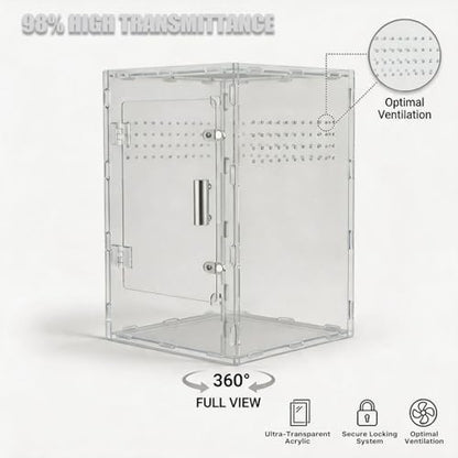 8x8x12 Acrylic Reptile Enclosure - Clear Terrarium Geckos Spiders | Metal mesh top for UVB compatibility with lightweight full-view acrylic construction - size: 8"8"12"