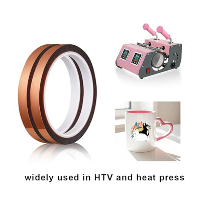 Heat Tape for Sublimation, 2 Rolls 0.5 Inch x 108Ft Polyimide Heat Resistant Tape, High Temp Thermal Tape for Heat Press Soldering, No Residue Heat Transfer Tape for Circuit Board 3D Printing - size: 10MM