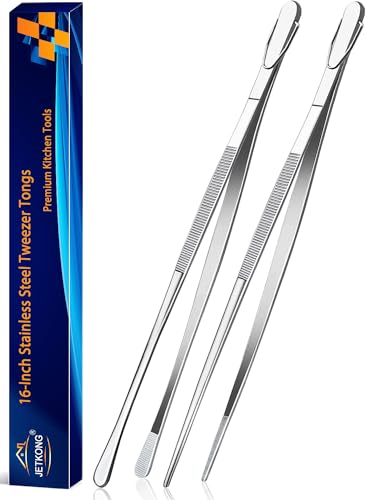 JETKONG 2 Pcs 16-Inch Kitchen Tweezers Extra Long Tweezer Tongs, Heavy Duty Stainless Steel Cooking Tweezers (Silver) - color: Silver, size: 16+16 Inch