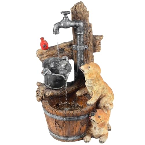 LuxenHome 25" Rustic Barrel Puppy Resin Water Fountain Outdoor with Lights | Indoor Outdoor Use Waterfall Decor with Farmhouse Barrel Design, Garden Fountain with Warm LED Illumination - color: Brown/Yellow
