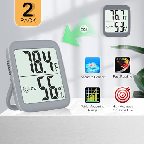 2 Pack Room Thermometer Indoor Hygrometer | Monitor Temperature & Humidity, Accurate, Fast Read, Easy To View, Magnetic/Kickstand/Hanging, ℉/℃, w/ Battery, Compact - color: 2 Pcs* Space Grey