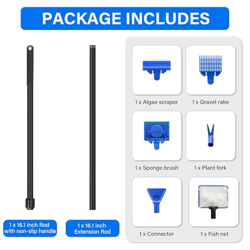 5 in 1 Fish Tank Cleaner Kit Aquarium Cleaning Tools with 22~32 Inch Extendable Non-Slip Handle Fish Tank Cleaner with Algae Scraper and Fish Net - size: Length 22-32inch(extendable)