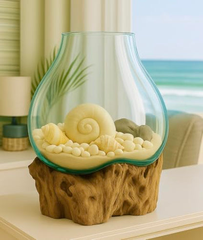 OMA Hand Blown Molten Glass on Driftwood Terrarium Vase or Planter – Recycled Glass & Natural Wood for Coastal & Boho Home Décor (12"–14" High) - size: 12" - 14" High