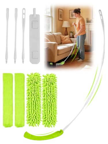 Bend-Free Gap Dust Cleaner Cleaning Tools Washable Flat Duster Brush with 4 Microfiber Chenille Dusting Cloths Long Handle 56 inches for Cleaning Under Appliances Furniture Couch Bed Fridge