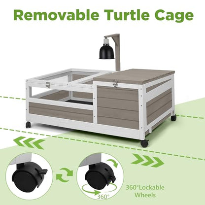 Tortoise Habitat with Lamp Holder in Indoor & Outdoor, Wooden Extensible Turtle Enclosure Table with 4 360° Lockable Wheels, Leakproof Tray, Openable Roof for Tortle, Lizard, Chameleon