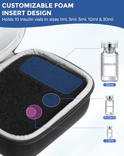 Peptide Storage Case & Insulin Vial Case for Fridge, Medicine Vial Holder, 10 Slots Holder: 9 for 1ml,3ml,5ml,10ml Vials, 1 Dedicated Slot for 30ml Vial, Portable Diabetic Supplies Organizer, Black