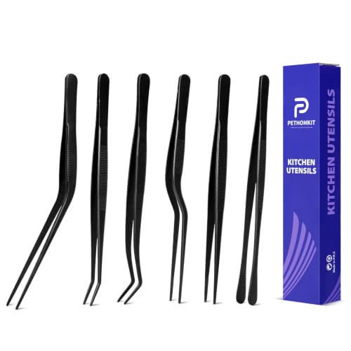 Kitchen Tweezer Tongs Set for Chef Food Plating,6 Pcs,6.3", Black | Stainless Steel, Offset Small Thin Skinny Bar Cooking Culinary Garnish Bartender Tweezer Tongs Set, For bartending garnishing - size: 6 inches