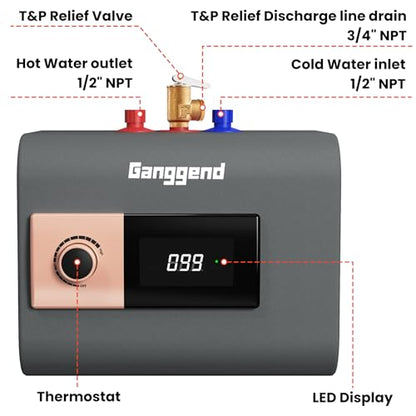 2.5 Gallon Electric Water Heater, 1500W 110V Mini Tank Under Sink Instant Hot Water Heater with Pressure Release Valve, Digital Display for Kitchen, RV, Laundry,Food Truck, Gray - color: Gray