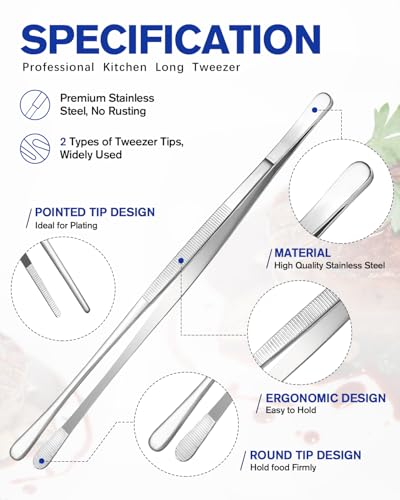 2 Pcs 10-Inch Kitchen Tweezers Fine Tweezer Tongs, Stainless Steel Professional Long Cooking Tweezers for BBQ, Sea Food, Repairing and Serving (SILVER) - color: Silver, size: 10 IN