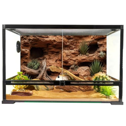 Rock Driftwood Plant Reptile Habitat Background 30x12 In Terrarium Backdrop | AWERT terrarium backdrop with rock walls, driftwood, desert succulents & sand substrate, polyester reptile habitat decor - size: 30x12in/75x30cm