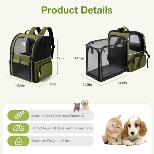 Large Cat Backpack Carrier Expandable Pet Carrier Backpack for Small Dogs Medium Cats Fit Up to 18 Lbs, Dog Backpack Carrier, Foldable Puppy Backpack Carrier for Travel, Hiking,Dark Green - color: Dark Green