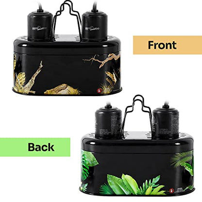 REPTI ZOO Nano Combo Print Tropical Desert Reptile Dual Deep Dome Lamp Fixture for Reptile Max 40 Watts Max Bulb Height 4 in Per Socket UVB Light Fixture Dual Lamp Cap Combo Integration Design - size: 40 Watts